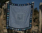 New crocheted blue french afghan ROYAN , 2 kinds of granny squares, 30 wool blue edges, shades of blue