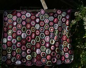 French vintage crocheted throw, SOLANGE, multicolored , crocheted hexagons, anthracic grey edges.