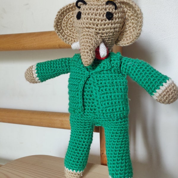 BABAR, jouet vintage au crochet, années 70, fil de coton, lavé