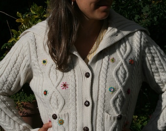 Cardigan vest with handmade embroidery, TYROL, ecru, irish style, buttons and pockets