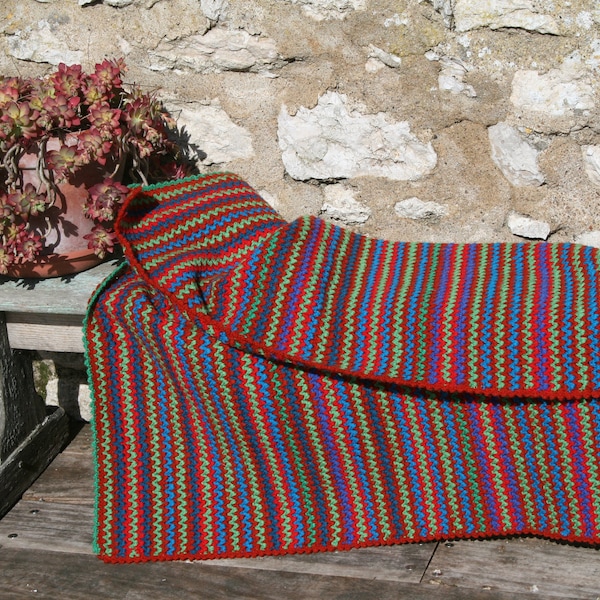 Couverture Vintage En Laine Crochetée – Fait Main, Années 1960, Motif Plaid