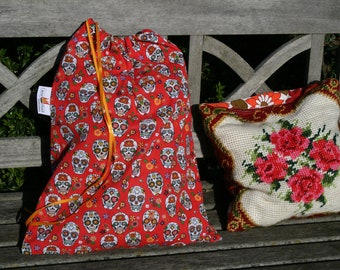 Cotton fabric dust bag, size L,red with multicolored skulls, mexican style fabric