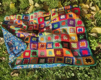 French vintage granny square afghan blanket, ESTHER, lined with new cotton