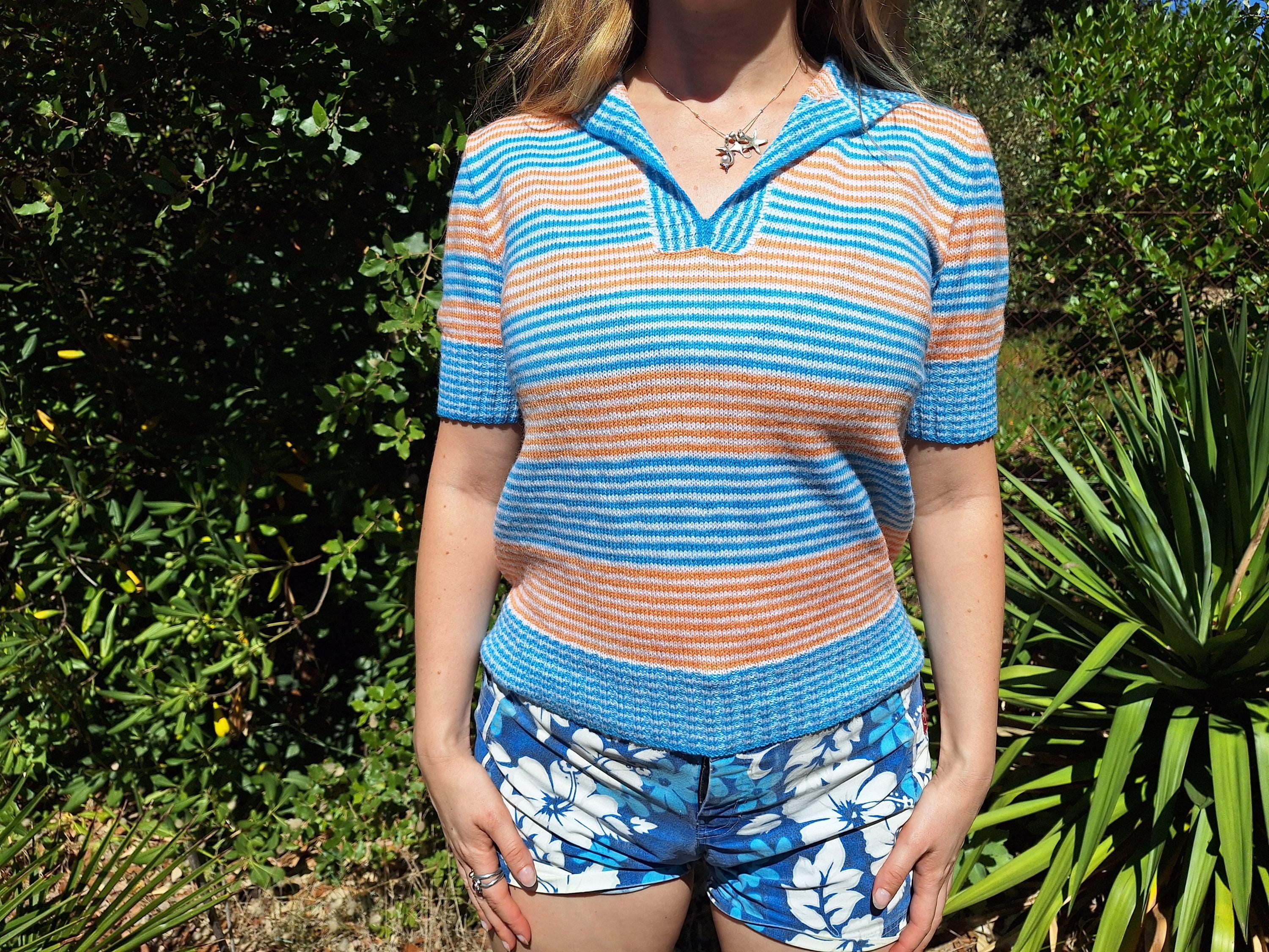 Malo, Top vintage rayé au tricot, MALO, point jersey, rayé bleu/orange clair, manches courtes
