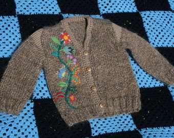 Handmade child embroidered vest,MACHA, embroidered flowers, handmade, knit and crochet, soft and light wool, 4 buttons