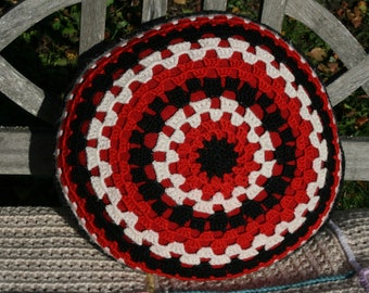 YOURTE crocheted striped vintage pillow, wool , cotton fabric, red black and white