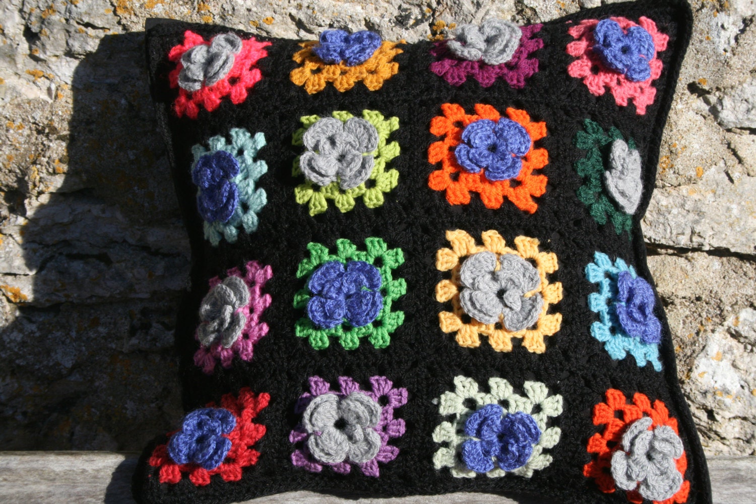 Pénélope Coussin Neuf, Carrés Granny Multicolores Ornés de Fleurs Au Crochet, Tissu Coton Déhoussabl