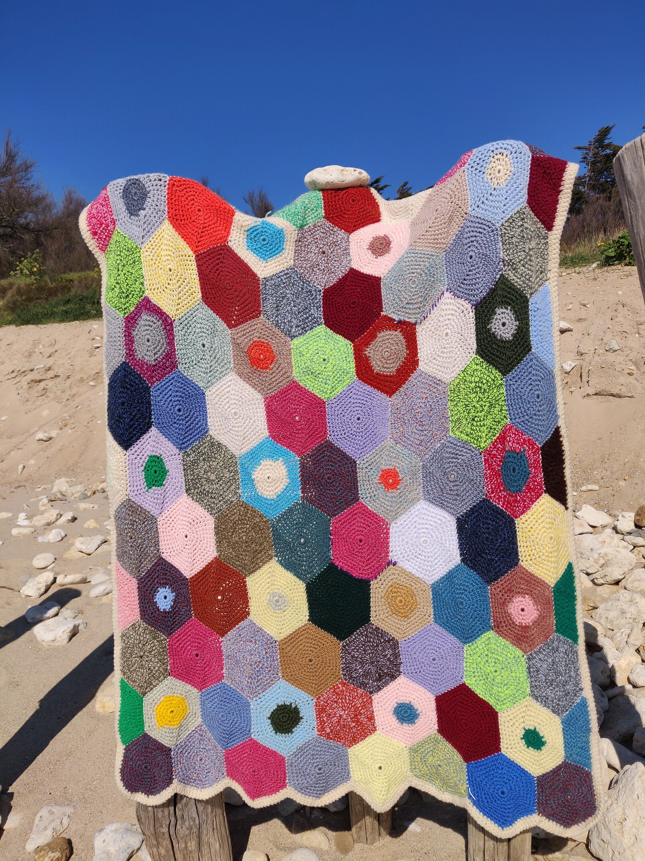 Petite Couverture Crochet, Alaska, Faite Main, Hexagones Bordure Écrue