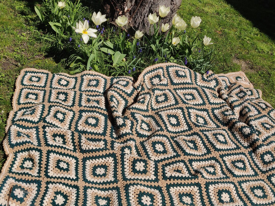 Large French Vintage Crochet Afghan Blanket, MICHEL, Green, Beige and