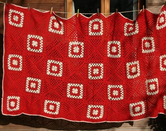 Large french vintage crochet afghan blanket, NOEL, granny squares red and white