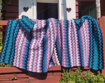 Crocheted retro french vintage afghan, PROVINS, bayadere style, turquoise, purple, pink