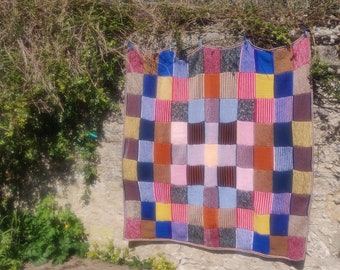 French knitted new afghan, CHEVERNY, handmade with knitted squares, multicolored squares, crochet border