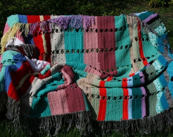 Gorgeous very large crocheted afghan blanket, one of a kind, multicolored stripes, bright colors , fringes, one of a kind