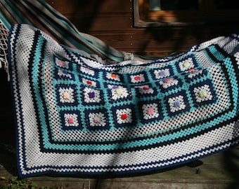 Cute french vintage afghan blanket, DUBLIN , 24 squares, crocheted multicolored flowers,  blue and white, very good condition