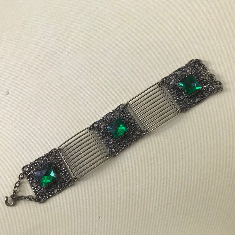 Vintage Czech Panel Bracelet Brass Leaf Green Glass Stones