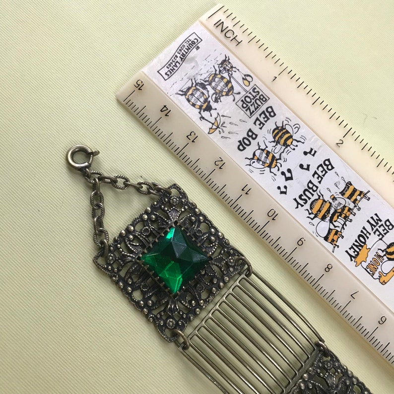 Vintage Czech Panel Bracelet Brass Leaf Green Glass Stones