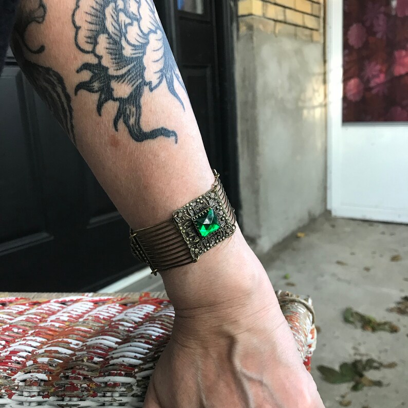 Vintage Czech Panel Bracelet Brass Leaf Green Glass Stones