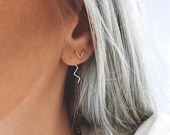 Double Piercing Zig Zag Earrings - sterling silver earrings, 14k gold filled earrings, minimalist earrings, modern squiggly earrings