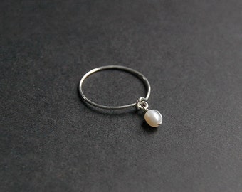 Dangly Pearl Ring - dainty pearl ring, delicate pearl ring, minimalist ring, gold filled ring, sterling silver ring, argentium silver ring