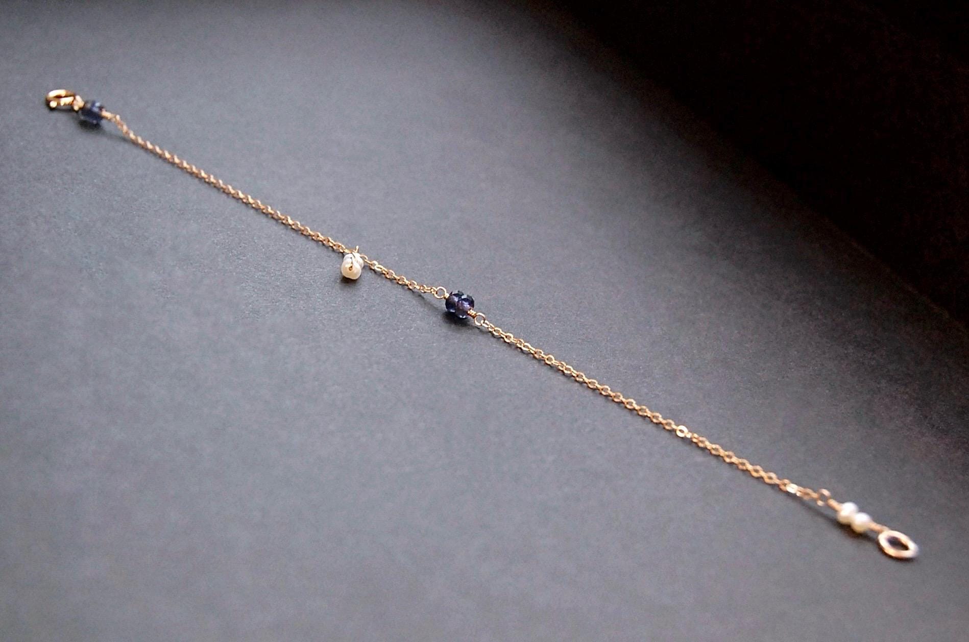 Dainty Blue Iolite Bracelet, Dainty 14k Gold Filled Bracelet, Dainty Gemstone Bracelet, Minimalist Bracelet, Dainty Pearl Bracelet