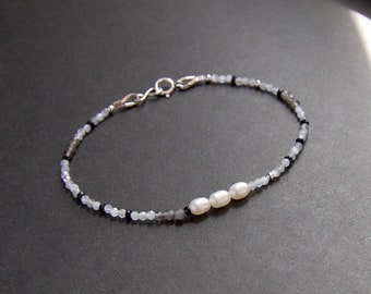 NEW Dainty Gemstone Bracelet, Tiny Pearl Bracelet, Black Spinel, Moonstone Bracelet, Sterling Silver Bracelet, Minimalist Bracelet, Cat Eye