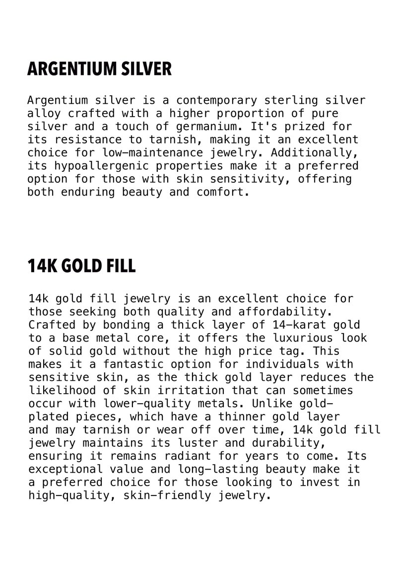 K&ouml;nnte beinhalten: Argentium Silber und 14 Karat Gold Filled Schmuck. Der Text beschreibt die Vorteile der beiden Metalle f&uuml;r die Schmuckherstellung. Argentium Silber ist eine moderne Sterlingsilberlegierung mit einem h&ouml;heren Anteil an reinem Silber und einem Hauch von Germanium. 14 Karat Gold Filled Schmuck wird hergestellt, indem eine dicke Schicht aus 14 Karat Gold auf einen Kern aus Basismetall aufgebracht wird.