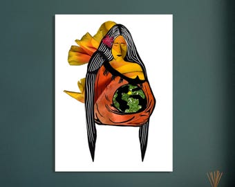 Earth Mother Botanical Collage Print, Large Nature Goddess Wall Art