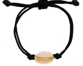 White Cowrie Bracelet, Black Cord, Hawaii Jewelry