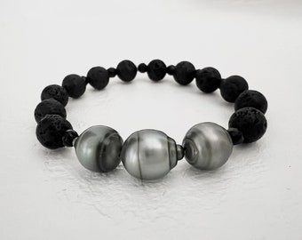 Triple Lava Pearl Bracelet, Tahitian Pearl Bracelet, Lava Bracelet