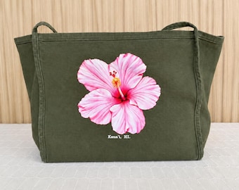 Pink Hibiscus Canvas Tote Bag, Military Green, Kauai, Hawaii