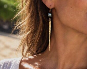 Handmade Tahitian Pearl Spike Earrings, 14K Gold Fill, 3" Long