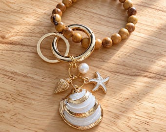 Seashell, Pearl Keychain, Bag Charm, Wood Bracelet, White & Gold Hawaii shells, Handmade, beach accessories, bag accessories