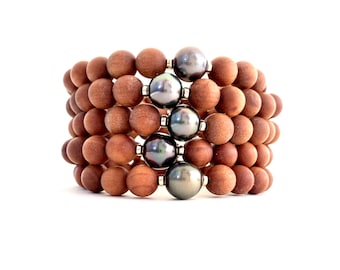 Tahitian Pearl Sandalwood Bracelet, Hawaii Jewelry