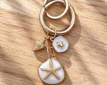 Seashell, Turtle Keychain, White & Gold Hawaii shells, Handmade, beach accessories, bag accessories