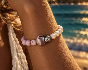Pink Jade Tahitian & Freshwater Pearl Cone Shell Bracelet, Hawaii Jewelry, Beach Jewelry
