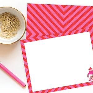 Personalized Stationery - Pagoda + Geometric Pattern Note Card | Preppy Flat Card | Chinoiserie Stationary Set | Pink Red Notecard | Pen Pal
