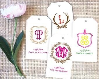 Wreath Monogram Crest - Gift Tag/Luggage Tag | Monogrammed Hang Tag | Personalized Gift Wrap