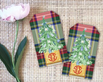 Tartan Plaid Watercolor Chinoiserie Christmas Tree - Monogram Holiday Gift Tag | Personalized Preppy Family | Gift Wrap | Happy Holidays