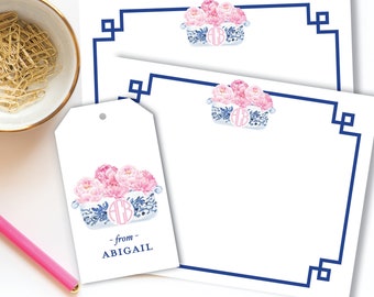 Pink Peony in Blue Chinoiserie Ginger Jar Planter Monogram Notecard, Grandmillenial Personalized Stationery, Blue Toile Preppy Printed Card