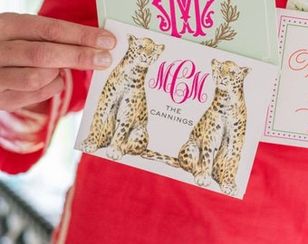 Personalized Stationery - Chic Cheetah Folded Notecards | Vine Monogram Stationary Set | Leopard/Animal Print