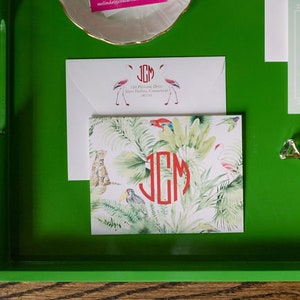 Impression d'adresses de retour - Cartes de correspondance Joyful Jungle | Carte pliée à imprimé animal/feuille de palmier | Ensemble cadeau de papeterie Circle Monogram