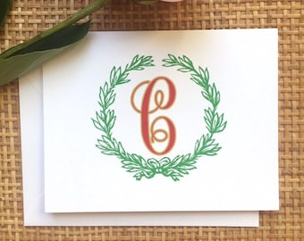 Wreath Vine Monogram Stationery | Personalized Folded Card | Pen Pal Stationary Set | Thank You Notecards | Christmas Note Card