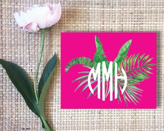 Personalized Stationery - Palm/Banana Leaf Notecards | Banana Leaf Print Folded Card | Circle Monogram Stationary Gift Set