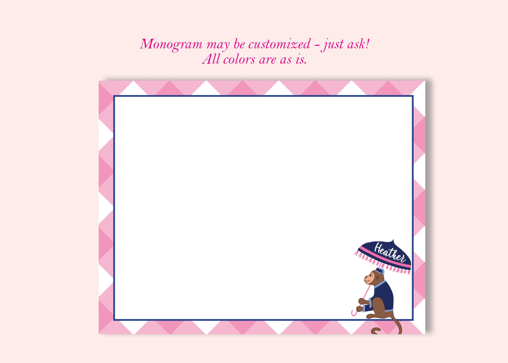 Personalized Stationery Monkey Parasol Monogram Note Card Preppy Flat ...