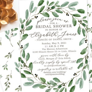 Olive Wreath Greenery Shower Invitation - Shower, Graduation, Birthday Party Invite, Mitzvah  - Watercolor Laurel Olive Branch