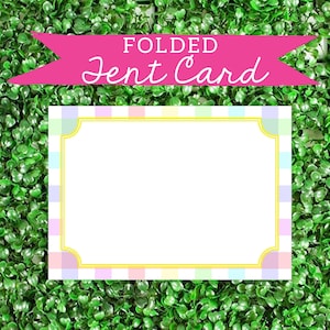 May include: A folded card with a white background and a colorful checkered border. The text "FOLDED Tent Card" is written in pink on a pink banner.