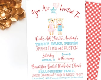 Teddy Bear Watercolor & Red Gingham Party Invitation, Twins Shower, Birthday Picnic Invite, Boy and Girl Party, School Fundraiser, Preschool