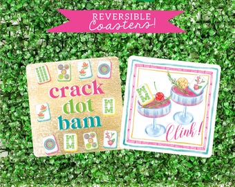 Crack, Dot, Bam, Clink Two Sided Mahjong Party Coasters Set of 8 Reversible Prints - Hostess Gift for Game Night Mahj Squad Mahjong Tiles