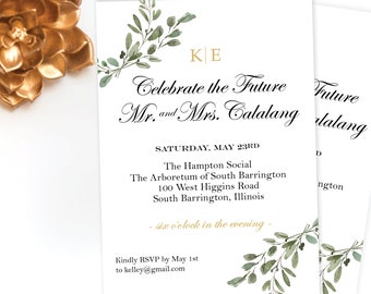 Olive Laurel Greenery Rehearsal Dinner Invitation, Shower, Graduation, Wedding, Birthday Party Invite, Mitzvah  - Watercolor Wreath Branch
