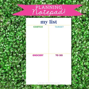 May include: A printable planning notepad with a white background and a pink banner at the top that says "PLANNING Notepad!" The notepad is divided into four sections labeled "COSTCO", "TARGET", "GROCERY", and "TO DO".
